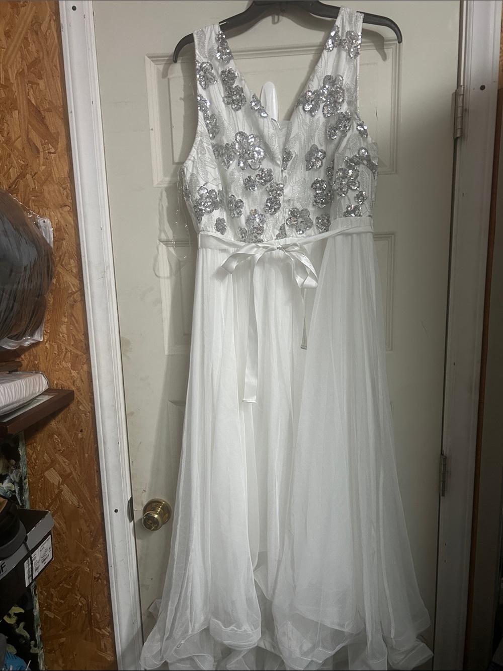 White Asymmetrical Tulle Dress with Silver Sequin Floral Bodice (070726)